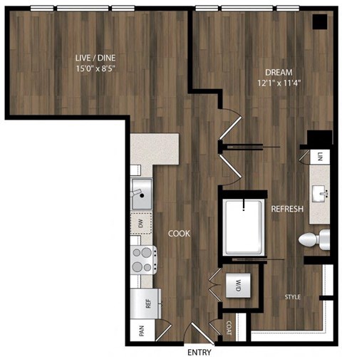 Floor plan for 1 bed, 1 bath, 641 sqft
